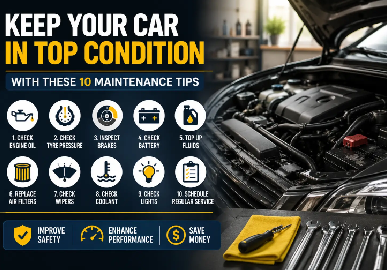 Car engine with essential vehicle maintenance tips infographic