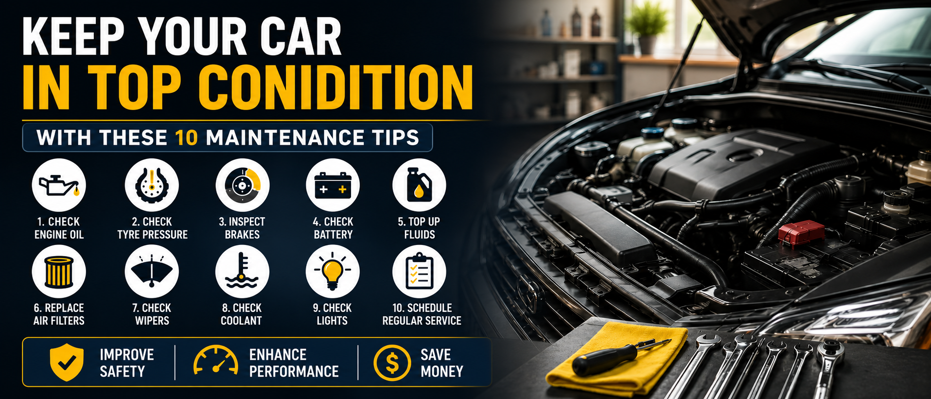 Car engine with essential vehicle maintenance tips infographic 